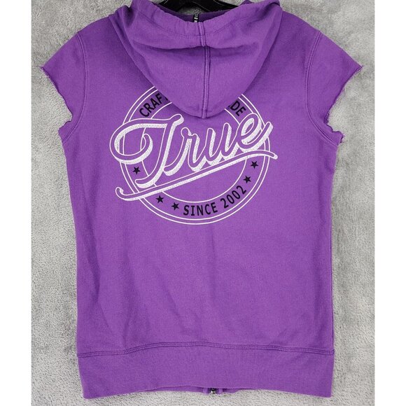 True Religion Hoodie Womens Small Purple Full Zip Cutoff Sleeves Sweatshirt - Picture 1 of 11